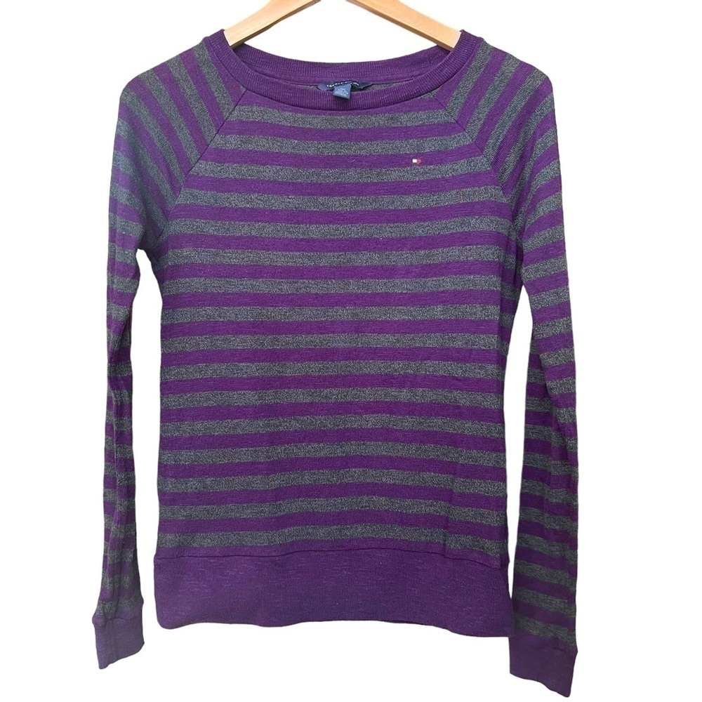 Tommy Hilfiger Stripped Long Sleeve Lightweight Sweater Sz XS Purple Plum Gray